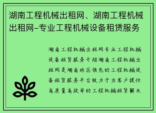 湖南工程机械出租网、湖南工程机械出租网-专业工程机械设备租赁服务